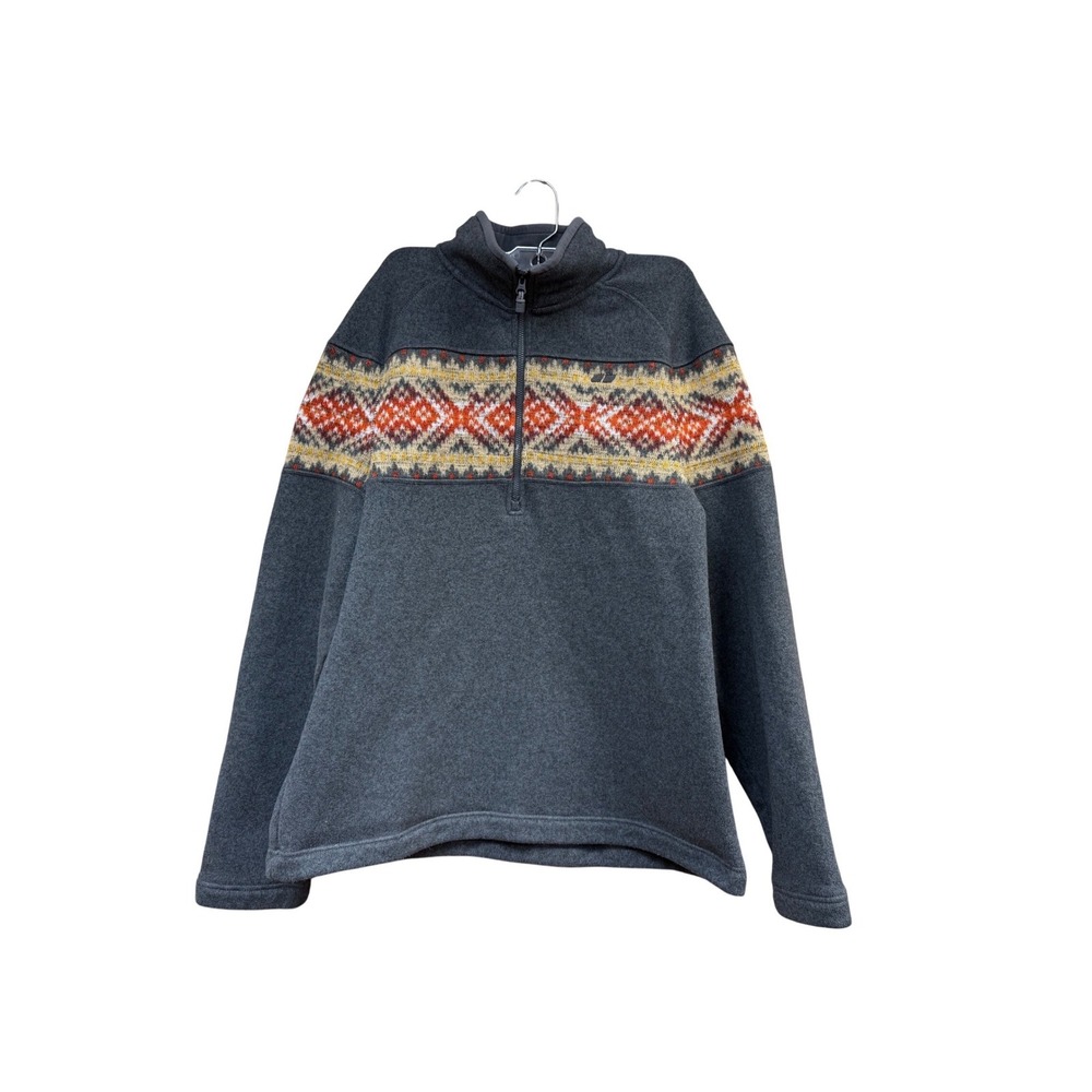 Koppen Mens Large Gray Fair Isle 1/4 Zip Fleece Pullover Sweater Sherpa Lined